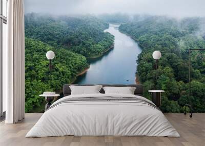 Abundance tropical rainforest with foggy and river flowing through in the morning at national park Wall mural