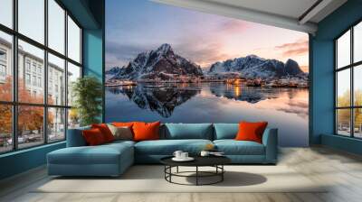 Fishing village with snow mountain at sunrise Wall mural