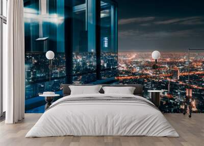 Glass window with glowing crowded city Wall mural