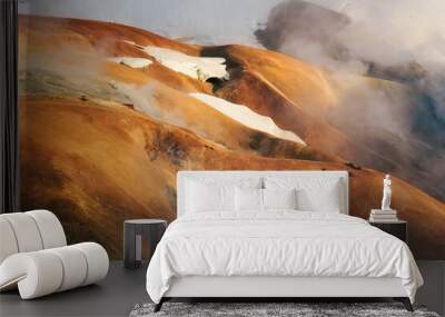 Kerlingarfjoll volcanic mountain range on geothermal area and sulphur smoke in summer at Highlands of Iceland Wall mural