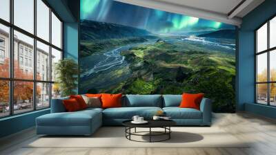 Scenery of Aurora borealis over volcanic mountain of Valahnukur trail in Icelandic highlands at Thorsmork Wall mural