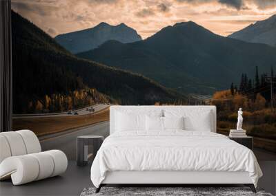 Scenery of Rocky mountains and highway road in the evening at Banff national park Wall mural