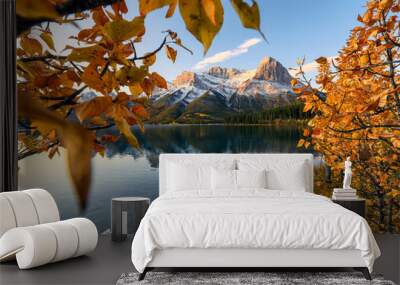 Sunrise on Mount Lawrence Grassi with golden leaves reflection on Rundle Forebay reservoir at Canmore Wall mural