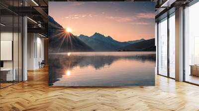 Sunrise on mountain with foggy in Medicine lake at Jasper Wall mural