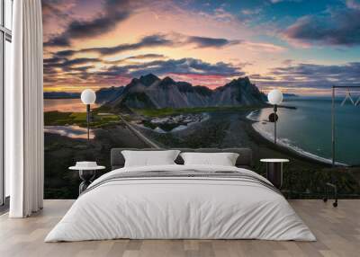 Vestrahorn mountain and dramatic sky over black sand beach in the dusk at Stokksnes peninsula, Iceland Wall mural