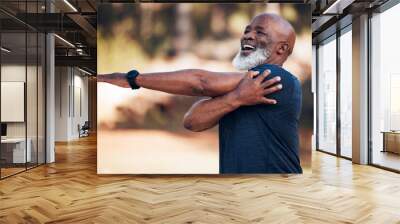 Black man, stretching and smile for exercise outdoor in nature forest for fitness and healthy lifestyle. Senior person doing workout, training and muscle warm up for cardio body health and wellness Wall mural