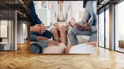 Business people in group therapy, workshop and communication with mental health, stress or conversation in office. Support worker talking, discussion or speaking in team building at company workplace Wall mural