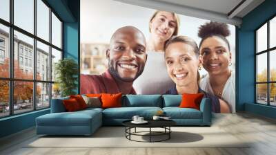 Friends, selfie and office worker smile and relax while bonding and posing for a picture at work, Multicultural, face and photo by fun colleagues enjoying free time after team meeting together Wall mural