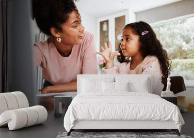 Math homework, mother and child with a laptop, counting and studying together in a house. Happy, talking and a little girl with an answer for education with a mom and a pc for elearning and knowledge Wall mural