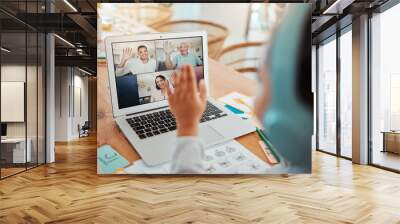 Video call, laptop and child greeting her family while sitting by the dining room table in her home. Technology, waving and girl kid on a virtual call with her parents and grandfather on a computer. Wall mural