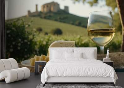 a glass of drink in a pretty glass and cheese with outdoor landscape background. Wall mural