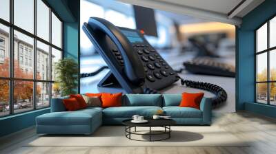 A close-up of a modern black desk telephone positioned on a minimalist office workspace, symbolizing professional communication and technology.    Wall mural