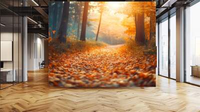 A tranquil autumn forest scene featuring a sunlit pathway covered with fallen leaves, evoking a sense of peace and natural beauty.  Wall mural