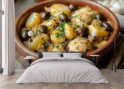 Bacalhau.A delicious dish featuring tender potatoes, olives, and flavorful herbs served in a rustic bowl, perfect for culinary visuals.  Wall mural