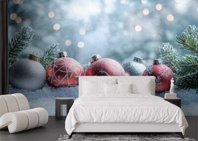 Christmas ornaments on snow  Wall mural