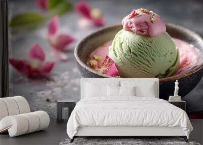 Pink matcha ice cream.A close-up view of a bowl of colorful ice cream scoops garnished with fresh mint leaves, perfect for showcasing delicious desserts and summer treats.  Wall mural