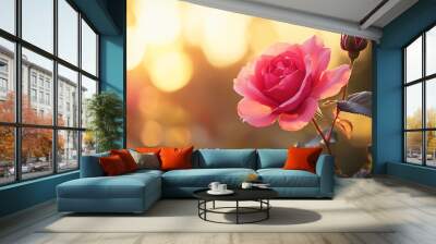 Rose morning light.A beautiful pink rose with a budding flower is illuminated by soft golden sunlight, creating a serene and romantic atmosphere.  Wall mural