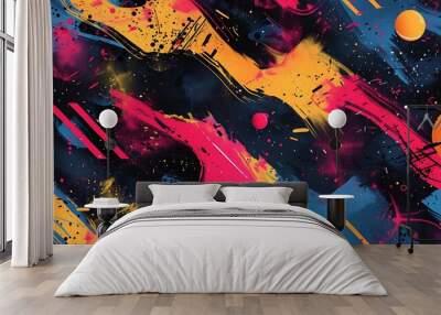 Vibrant abstract graffiti art with splashes of color on a dark background that conveys a sense of creative chaos  Wall mural