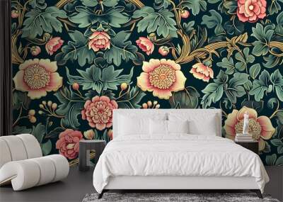 Vintage floral William Morris seamless pattern with lush flowers and leaves on a dark background Wall mural