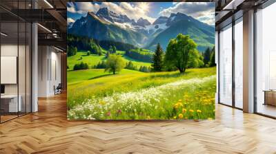 green meadow with flowers and trees on the backgr Wall mural