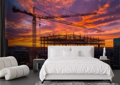 A construction site at sunset with cranes and a partially built structure. Wall mural