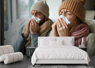 A couple sitting indoors, sneezing and using tissues, showing signs of illness. Wall mural