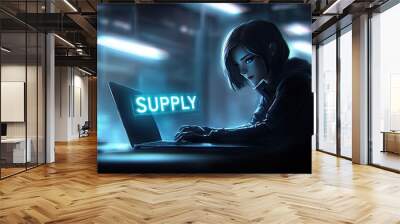 A digital artwork featuring a focused character using a laptop, illuminated by a glowing text. Wall mural