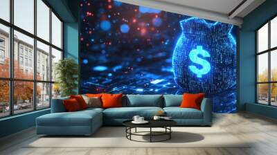 A digital representation of a money bag illuminated with blue light effects. Wall mural