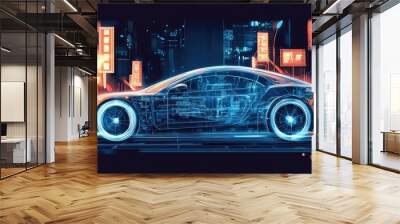 A futuristic car design illuminated in a neon cityscape, showcasing its internal mechanics. Wall mural