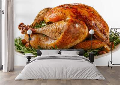 A roasted turkey served on a platter with herbs and vegetables. isolated on white background isolated on white background. transparent background Wall mural