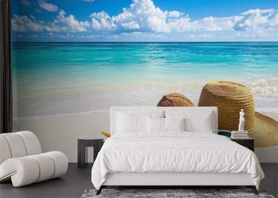 A serene beach scene featuring sunglasses, a straw hat, and starfish on sandy shores. Wall mural