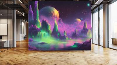 A vibrant, cosmic landscape with glowing rock formations and distant planets. Wall mural