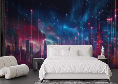 A vibrant, futuristic cityscape with neon lights and a starry sky, evoking a digital utopia. Wall mural