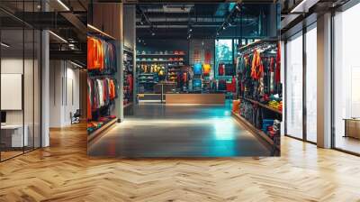 A vibrant retail space showcasing colorful athletic apparel and accessories. Wall mural