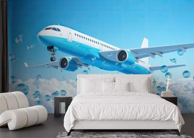 An airplane flying above clouds with bubbles, suggesting a whimsical travel theme. Wall mural