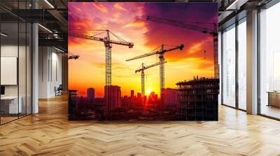 Construction cranes silhouetted against a vibrant sunset over a city skyline. Wall mural