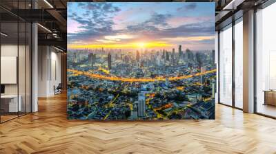 Aerial view of Skyscrapers Buildings over financial business district in Bangkok Downtown. Asian tourist travel attraction city skyline, Traffic and transportation.	 Wall mural