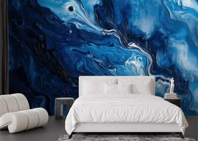 Abstract art background of blue paint with a liquid fluid texture, suggesting movement and depth. Wall mural