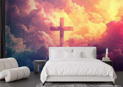 Christian cross symbol against a background of colorful clouds, representing spirituality and faith. Wall mural