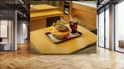 Decadent Ramen Noodle Bowl with Burger Patty and Fries: A Unique Fast Food Fusion Wall mural