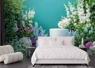 Floral product display podium in a garden setting, ideal for showcasing beauty or cosmetic products. Wall mural