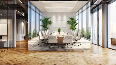 Inclusive business meeting with global executives, sleek modern boardroom, and advanced digital tools. Wall mural