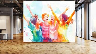 Watercolor illustration of friends from diverse backgrounds, sharing joyous moments together. Wall mural