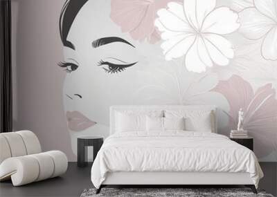 Abstract female face in one line. Woman face with flowers Surreal Line art female floral girl. Minimalism Abstract modern Continuous single line woman face portrait
 Wall mural