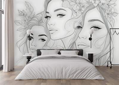 Abstract female face in one line. Woman face with flowers Surreal Line art female floral girl. Minimalism Abstract modern Continuous single line woman face portrait
 Wall mural