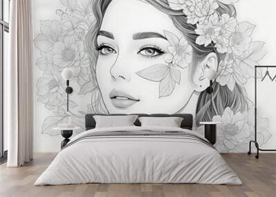 Abstract female face in one line. Woman face with flowers Surreal Line art female floral girl. Minimalism Abstract modern Continuous single line woman face portrait
 Wall mural