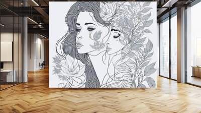 Abstract female face in one line. Woman face with flowers Surreal Line art female floral girl. Minimalism Abstract modern Continuous single line woman face portrait
 Wall mural