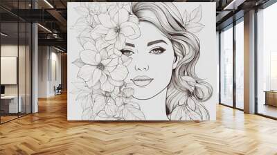 Abstract female face in one line. Woman face with flowers Surreal Line art female floral girl. Minimalism Abstract modern Continuous single line woman face portrait
 Wall mural