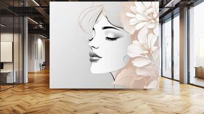 Abstract female face in one line. Woman face with flowers Surreal Line art female floral girl. Minimalism Abstract modern Continuous single line woman face portrait
 Wall mural