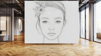 Abstract female face in one line. Woman face with flowers Surreal Line art female floral girl. Minimalism Abstract modern Continuous single line woman face portrait
 Wall mural